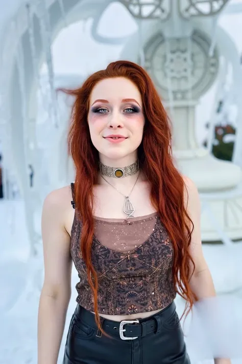 pagudy woman with bahebit makeup, face closeup, smiling, long brown hair, grdy necklace, fancy choker, wearing modest Mesh top and leather leggings,  at background A frozen palace, once a bustling hub of splendor, now silent under a blanket of snow and ice...