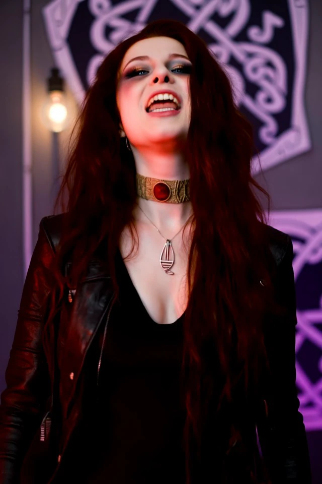 pagudy woman with bahebit makeup, face closeup, singing, long brown hair, grdy necklace, fancy choker, wearing modest Tank dress and moto jacket,  at background Dystopian future city and cyberpunk theme
<lora:patty_gurdy_bad_habits:1.0>