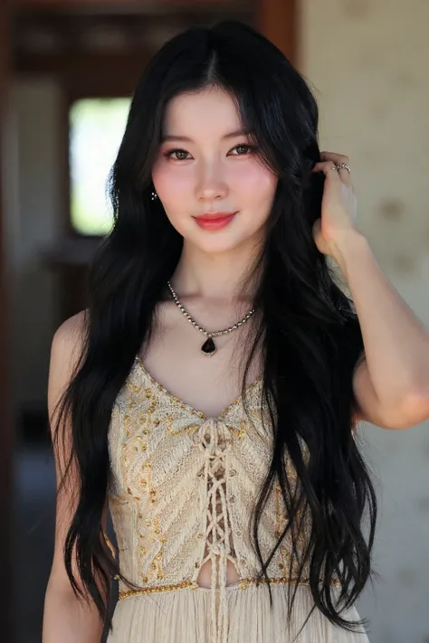 bright photo of beautiful korean girl with long  black wavy hair wearing bohemian dress, inside a rustic house, necklace, dslr, studio lighting, high quality,  light reflections, blood vessels, pale skin, detailed skin, <lora:flux_realism_lora:1>, <lora:ma...