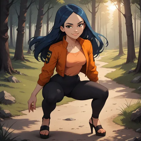 score_9, score_8, BREAK, solo, red jacket, 1girl, orange shirt, leggings, heeled sandals, navy blue hair, black eyes, lips, breasts, total drama, Emma_(Total_Drama), tdtrr, long hair, sexy pose, smile, outdoors, sunlight, shadows, evening lighting, natural...