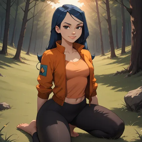 score_9, score_8, BREAK, solo, red jacket, 1girl, orange shirt, leggings, barefoot, navy blue hair, black eyes, lips, breasts, total drama, Emma_(Total_Drama), tdtrr, long hair, sexy pose, smile, outdoors, sunlight, shadows, evening lighting, natural light...