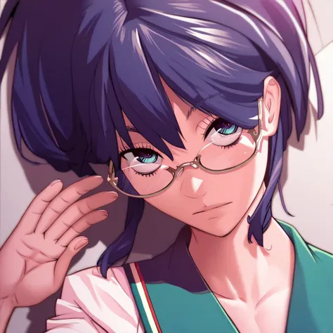 score_9, score_8_up, score_7_up, source_anime,(extremely detailed CG), (best quality),1girl,ponytail,glasses,School uniform, looking at viewer