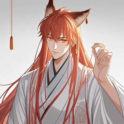 forest background, anime style, handsome male, fantasy, orange fox, earring, long hair, sharp eyes，ancient Chinese prince，long-haired nobleman，delicate male beauty，refined royal figure, glowing background, fox ears, elegant