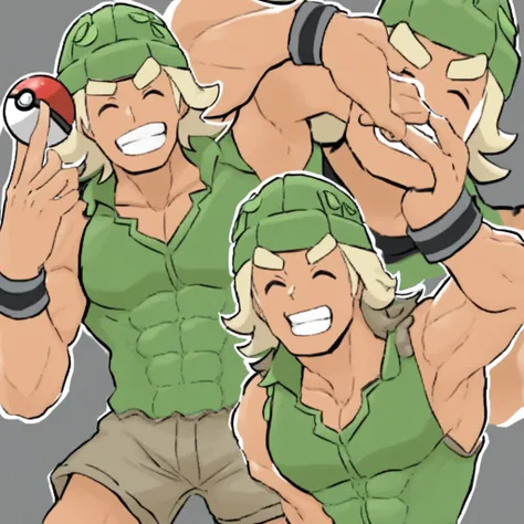 POKEMON_hiker, tan skin, hand up, poke ball (basic), green headwear, closed eyes, multiple views, parody, style parody, virtual youtuber, thick eyebrows, brown shorts, interracial, smile, teeth, muscular, muscular male