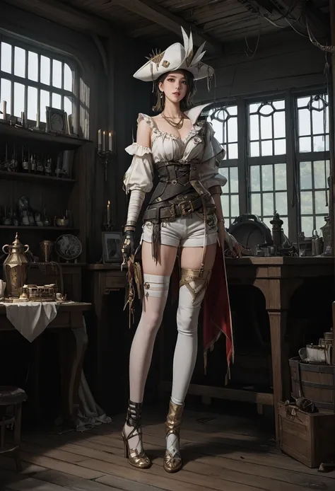 ,ruanyi1288,indoors,
,ruanyi1135,asymmetrical clothes,belt,bandages,frills,gold necklace,hat feather,single glove,white shorts,thighhighs,jewelry,single gauntlet,<lora:1288 Inside the ruined ship_v1_pony:1>,<lora:1135 Gunslingirl_v1_pony:0.7>, score_9,scor...