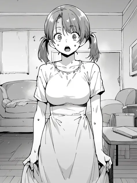 score_9, score_8_up, score_7_up, 
1girl,  monochrome, indoors, standing, living room, twintails, open mouth, wide-eyed, sweat, looking at viewer, dress, short sleeves, medium breasts,