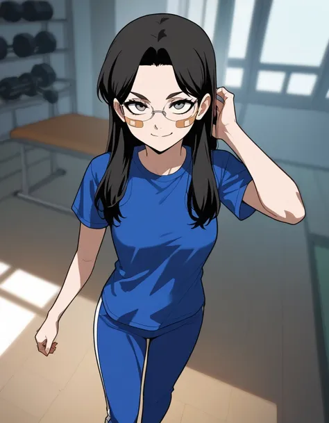 score_9, score_8_up, score_7_up, score_6_up, source_anime, rating_explicit,

1girl, solo, medium breast, yejin_moon, 1girl, solo, long hair, black hair, hair over shoulder, black eyes, grey eyes, t-shirt, blue shirt, short sleeves, gym pants, blue pants, g...