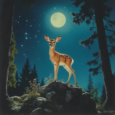 ArsMovieStill, movie still from a 1930s technicolor movie, The image shows a fawn standing on top of a rock in the woods surrounded by trees and illuminated by a full moon in the night sky., no humans, night, moon, star (sky), sky, outdoors, tree, starry s...