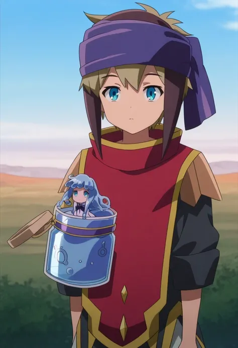 masterpiece, best quality, anime screencap, anime coloring

yuumc, 1boy, blue eyes, brown hair, headband, blue headband, lappet, shirt, black shirt, sleeves rolled up, cape, red cape, monster girl, in container, minigirl, 1girl, blue hair, slime girl, outd...