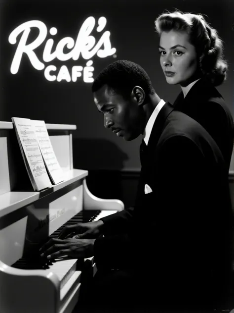 film noir style a black man is playing a white upright piano, a neon sign on the wall says "Ricks Cafe" close-up of <lora:Ingrid_Bergman:1> woman standing next to him watching, extreme close-up, centered, staring directly and intently at viewer, looking di...