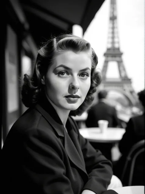 <lora:Ingrid_Bergman_V1:1> woman, 1940s hair, 1940s clothes, black and white, at an outdoor cafe in Paris, the Eiffel Tower is in the background, bokeh, extreme close-up, centered, staring directly and intently at viewer, looking directly at viewer, lookin...