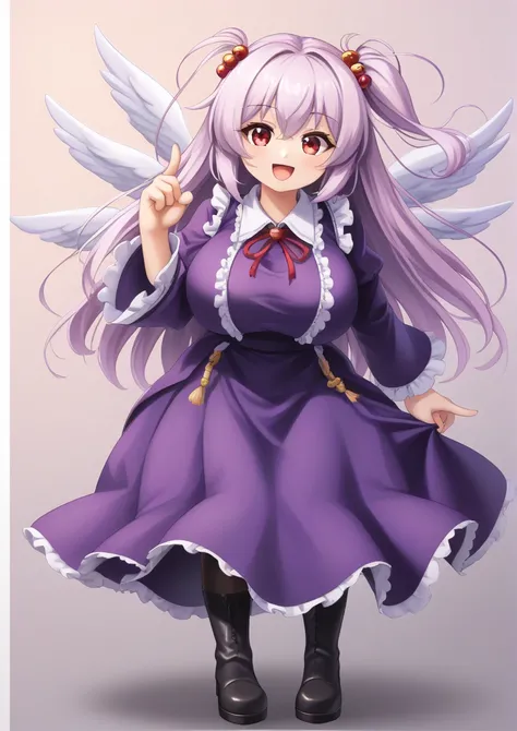 1girl, shinki (touhou), huge breast, , :d, black footwear, boots, chibi, chibi inset, dress, full body, hair bobbles, hair ornament, hair wagging, hitodama, long hair, long sleeves, multiple wings, one side up, open mouth, pantyhose, red eyes, smile, solo,...