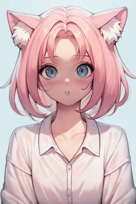 score_9, score_8_up, score_7_up, 1girl, solo, simple background <lora:C.Honey_Style:0.8>
pink hair, medium hair, cat ears, animal ear fluff, blue eyes, white collared shirt, collarbone, oversized shirt, long sleeves, upper body, face focus, blush, wide eye...