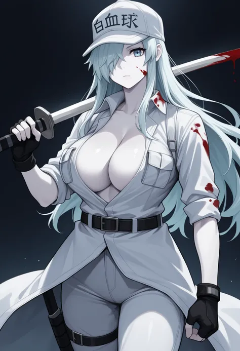 masterpiece, best quality, <break> solo, 1girl, ull96, white skin, blood on face, expressionless, looking at viewer, standing, holding sword, katana, weapon over shoulder, long hair, white hair, hair over one eye, baseball cap, flat cap, blue eyes, blood o...