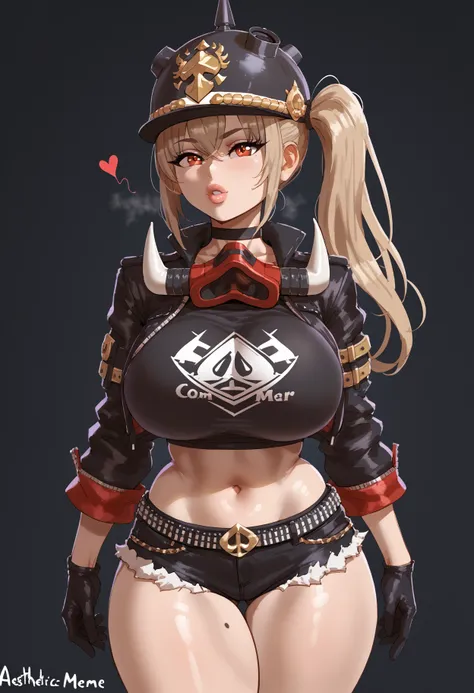 score_9, score_8_up, score_7_up, 1girl,  cowboy shot,
black choker, black footwear, black gloves, black helmet, black jacket, black shirt, black shorts, boots, choker, combat helmet, crop top, cropped jacket, half gloves, helmet, jacket, light brown hair, ...