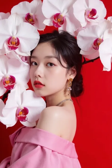 The image showcases a young woman wearing necklace and earrings with pale skin and makeup. She is positioned against a strikingly vibrant red background, which is filled with large white orchid flowers. The flowers dominate the composition, adding a dramat...