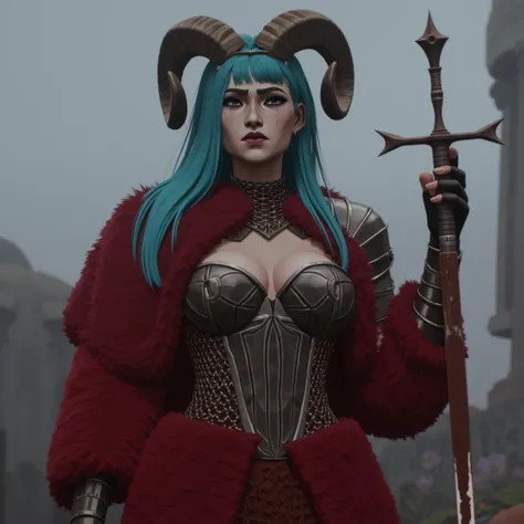 This is a hand-painted 3D style image featuring beautiful female warrior wearing chainmail armor with large cleavage. she has long turquoise blue hair. She is tall and slim with large breasts. she is standing beside the corpses of her enemies. beside her t...