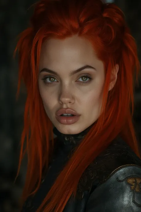 realistic film poster, Poster of a woman with red hair inspired from vikings, A close-up shot focuses on the face. conveys a sense of grit and power, cinematic lighting, dramatic look, sexy attire