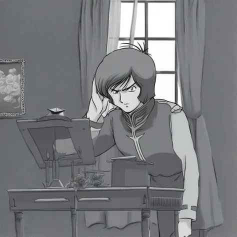 leaning forward, curtains, window with closed curtains, saluting, looking down, monochrome background, holding controls, standing behind desk, scruffy hair, serious expression, garma_zaku, bazooka attached to lower back, painting of roses in background