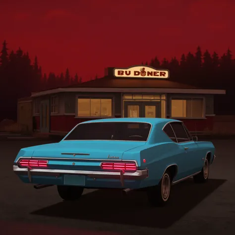 This is a hand-painted 3D style image featuring turquoise blue chevrolet impala 1967 standing in front of lonely diner with its red tail lights turned on. forest on far background. red sky. The overall image is high quality and sharp. 