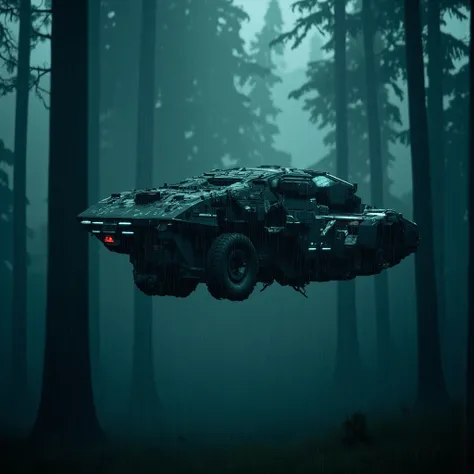 cinematic film still of  <lora:cyberpunk style v3:0.9>
In cyberpunk style, sharp detailed cinematic image, science fiction style, sci fi movie themed, film contrast:1, perfection style, In Cyberpunk city a futuristic vehicle flying through a dark forest, b...