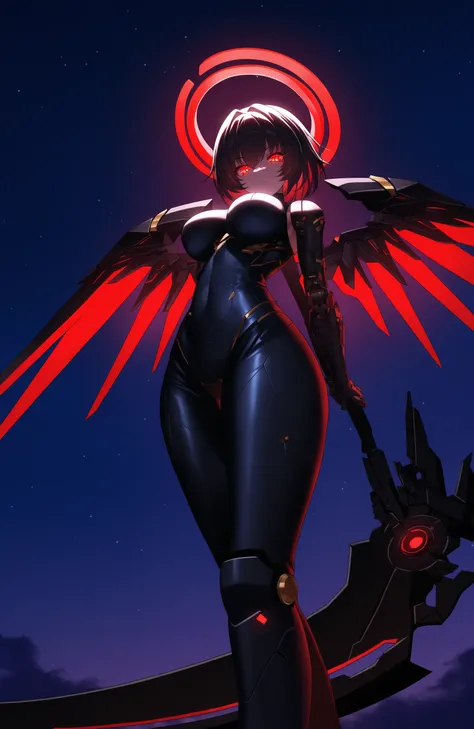 masterpiece, best quality, 1girl, holding scythe, mechanical arms, mechanical halo, mechanical wings, glowing eyes, red eyes, night, arms behind back, from below, night sky