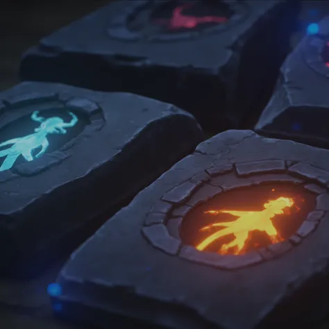 This is a hand-painted 3D style image featuring close-up of magical runes embossed in stone. The runes are glowing orange and blue. The stones have subtile rough texture with little cracks. The overall image is high quality and sharp.