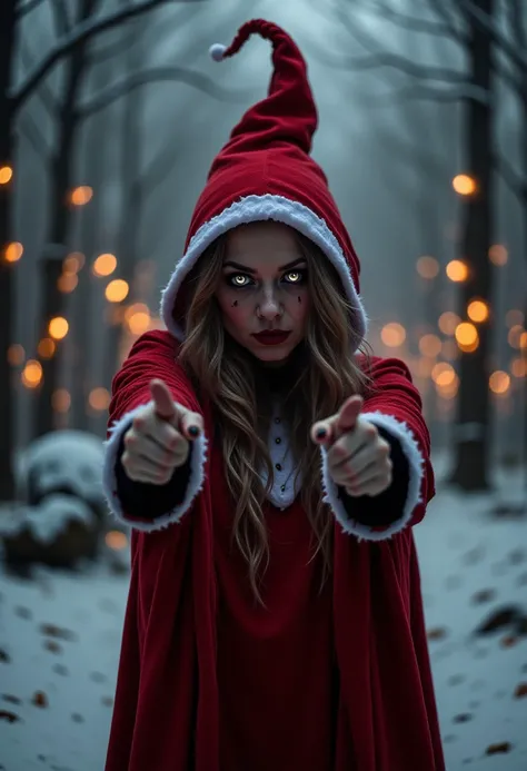 a gritty hardcore photo a Christmas witch wearing a red witch hat and red clothing with white trim like a Santa outfit pointing towards the camera in a winter forest covered in snow and Christmas lights, a soft subtle glow