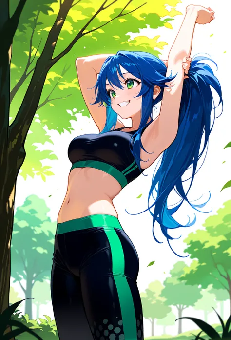 masterpiece, best quality, high quality, anime, <lora:AELimeIlx:1>
AELime, green eyes, blue hair, long sidelocks, long hair, ponytail, 
green tree, outdoors, grin, stretching, leggings, textured leggings, sports bra, green trim,