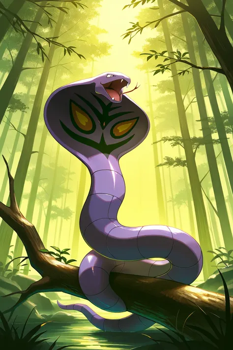 masterpiece, best quality,   Arbok, no humans, pokemon (creature), snake,  <lora:ArbokPokedexIXL:1.0>,   wrapped around a tree branch, glowing yellow patterns, eerie swamp, misty atmosphere, dramatic and vibrant, highly detailed