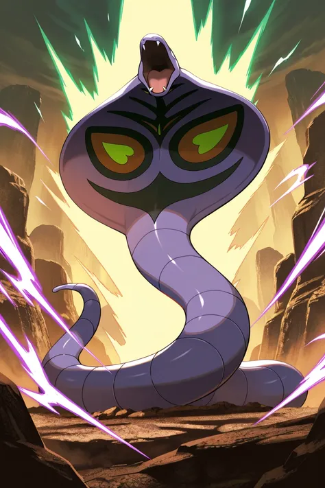 masterpiece, best quality,   Arbok, no humans, pokemon (creature), snake,  <lora:ArbokPokedexIXL:1.0>,   facing off against a rival pokemon, dynamic battle pose, glowing aura, rocky terrain background, intense and dramatic atmosphere, cinematic lighting