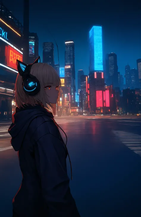 masterpiece, best quality, 1girl, cyberpunk, hoodie, cat ear headphones, street, skyscraper, night, sign, (cyborg, android)