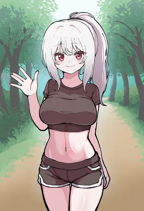 <lora:Panatisia-IllustriousXL-BETA_Aeromoia-000009:1>, panatisia, 1girl, white hair, ponytail, medium breasts, red eyes, crop top, midriff, shorts, smile, blush, waving, standing, looking at viewer, outdoors, nature, detailed background