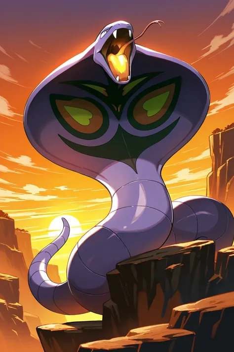 masterpiece, best quality,   Arbok, no humans, pokemon (creature), snake,  <lora:ArbokPokedexIXL:1.0>,   standing majestically on a rocky cliff, glowing orange fur, roaring, sunset background, dynamic and powerful, cinematic lighting, highly detailed