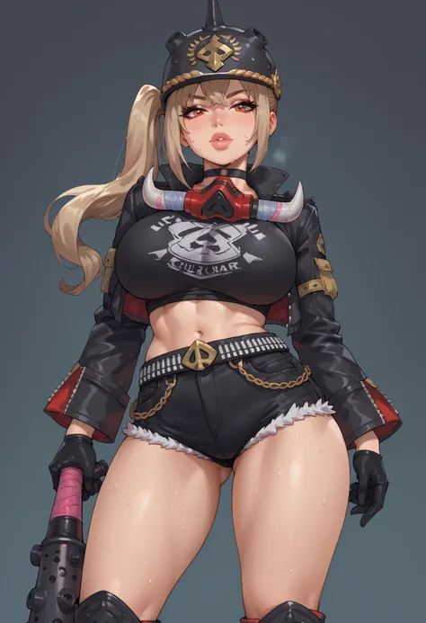 score_9, score_8_up, score_7_up, 1girl, cowboy shot,
black choker, black footwear, black gloves, black helmet, black jacket, black shirt, black shorts, boots, breasts, choker, club (weapon), combat helmet, crop top, cropped jacket, half gloves, helmet, hol...