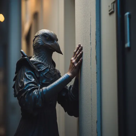 cinematic film still of  <lora:cyberpunk style v3:0.9>
In cyberpunk style, sharp detailed cinematic image, science fiction style, sci fi movie themed, film contrast:1, perfection style, In Cyberpunk city a statue of a bird on a wall, bionic, transhuman, Dy...