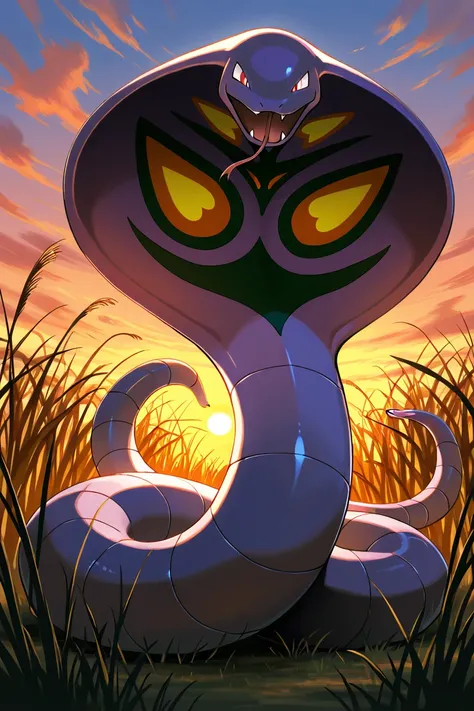 masterpiece, best quality,   Arbok, no humans, pokemon (creature), snake,  <lora:ArbokPokedexIXL:1.0>,   slithering through tall grass, glowing red eyes, sunset lighting, intimidating pose, natural setting, vibrant and dynamic, detailed atmosphere