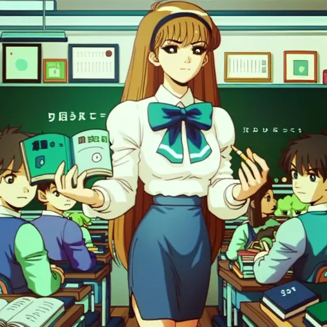 score_9, score_8_up, score_7_up, source_anime BREAK skirt, classroom, long hair, book, hairband, teacher, brown hair, 1girl, chalkboard, solo focus, pencil skirt, bow, desk, indoors, long sleeves