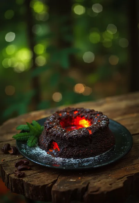 A chocolate lava cake glowing on a wooden table in a mystical forest.