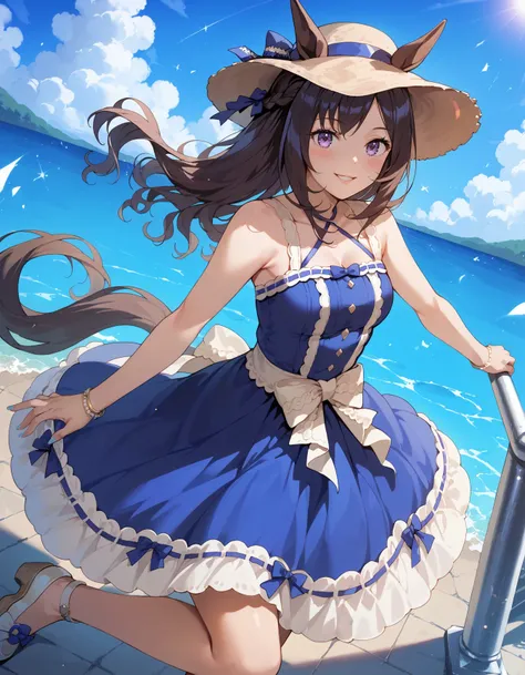 1girl,solo,black hair,purple eyes,long hair,horse girl,MDvacancesSaphir,blue sleeveless dress,straw hat,blue hair bow,parted bangs,crown braid,bracelet,aqua nails,white footwear,
score_9,score_8_up,score_7_up,game_cg,anime,source_anime,masterpiece,best qua...