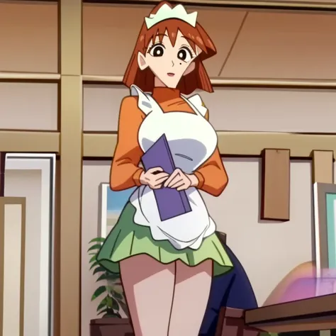 score_9, score_8_up, score_7_up, best quality, masterpiece, anime screencap, anime coloring, 1girl, solo, looking at viewer, waitress1, 1girl, apron, skirt, brown hair, indoors, holding, breasts, mole under eye, mole, short hair, green skirt, long sleeves,...