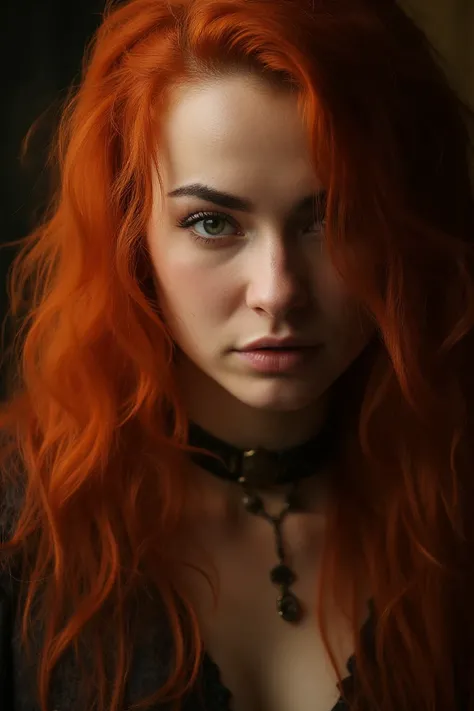 realistic film poster, Poster of a woman with red hair inspired from vikings, A close-up shot focuses on the face. conveys a sense of grit and power, cinematic lighting, dramatic look, sexy attire