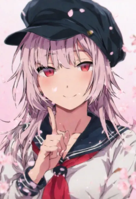 cccccc, 1girl, solo, hat, school uniform, long hair, looking at viewer, smile, serafuku, index finger raised, pink hair, red eyes, petals, upper body, cherry blossoms, blush, red neckerchief, black headwear, pink background, sailor collar