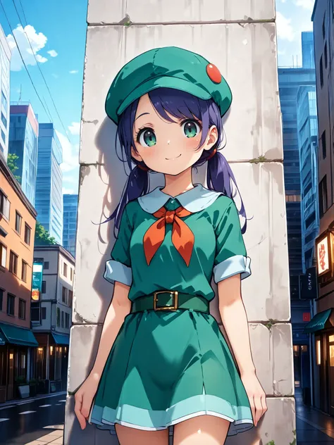 masterpiece,best_quality,1girl,solo,green eyes,<lora:picnicker dppt_illustriousXL:0.8>,picnicker dppt,hat,neckerchief,green dress,belt,cowboy shot,standing,smile,looking at viewer,city,against wall,