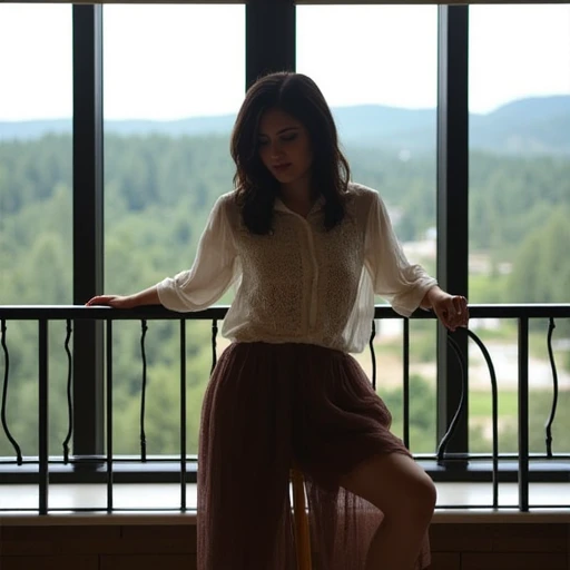 parwanafluxho. This photograph captures a woman in a narrow, dark hair styled in loose waves. She is seated on a stool in a cozy, with a black metal railing beside her. The woman has a light to medium complexion and long, parwanafluxho. This photograph cap...