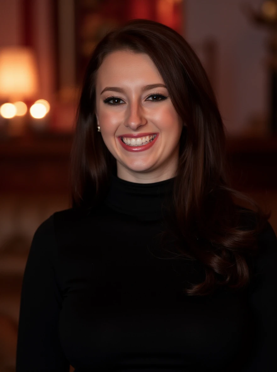 Portrait photo of f3l1c14cl0v3r woman, black turtleneck blouse, in a night club, makeup, smile

