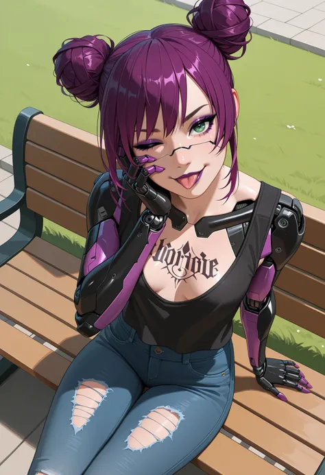 masterpiece, best quality, amazing quality, <BREAK> 1girl, solo,
<lora:Rita_Wheeler_Cyberpunk_IL_V1:1>, KJOrita, purple hair, green eyes, makeup, purple lips, mechanical facial mark, android, mechanical arms, double bun, chest tattoo,
black tank top, jeans...