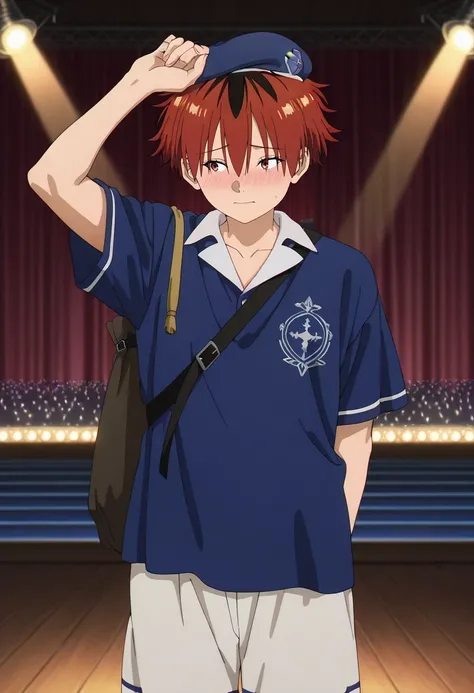 masterpiece, best quality, intricate details, anime screencap, , official style, , , 1boy, solo, male focus, <lora:stark_sousou_no_frieren_ilxl:0.94>, stark_sousou_no_frieren, red hair, red eyes, short hair, bangs, hair between eyes, multicolored hair, two...