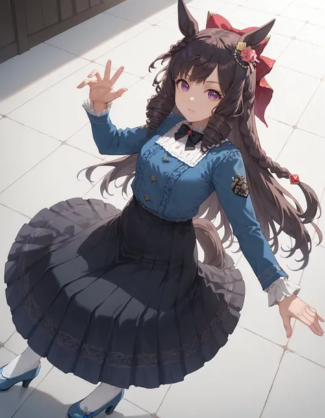 1girl,black hair,drill hair,crown braid,bangs,horse girl,long hair,purple eyes,DRcasualUniform,black long skirt,white pantyhose,blue shirt,blue high heels,long sleeves,red hair bow,black bow tie,red diamond hair ornament,pink and yellow hair flower,
score_...