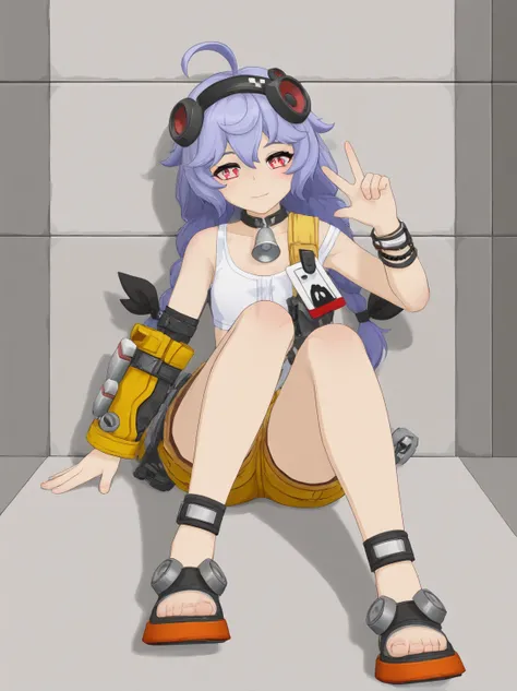 <lora:mechanika3:0.8>,score_9_up,score_8_up,source_anime,BREAK, mchnka, 1girl,purple hair,twin braids,sitting,smile,against wall,v,on ground,bracelet